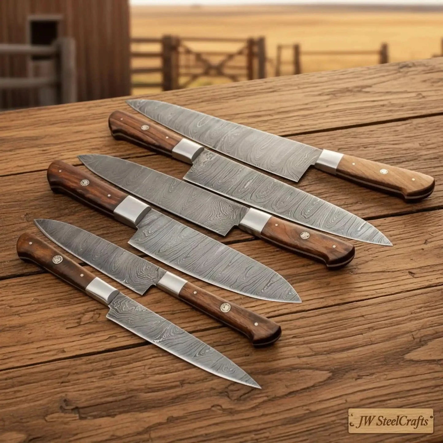 6-Piece Damascus Kitchen Knife Set — Gyuto, Slicer, Santoku & Rosewood Handles | JW SteelCrafts
