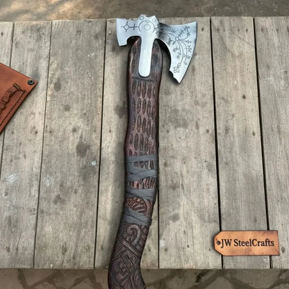 Handmade Viking Double-Bit Carbon Steel Axe with Norse Rune Etching and Engraved Hardwood Handle