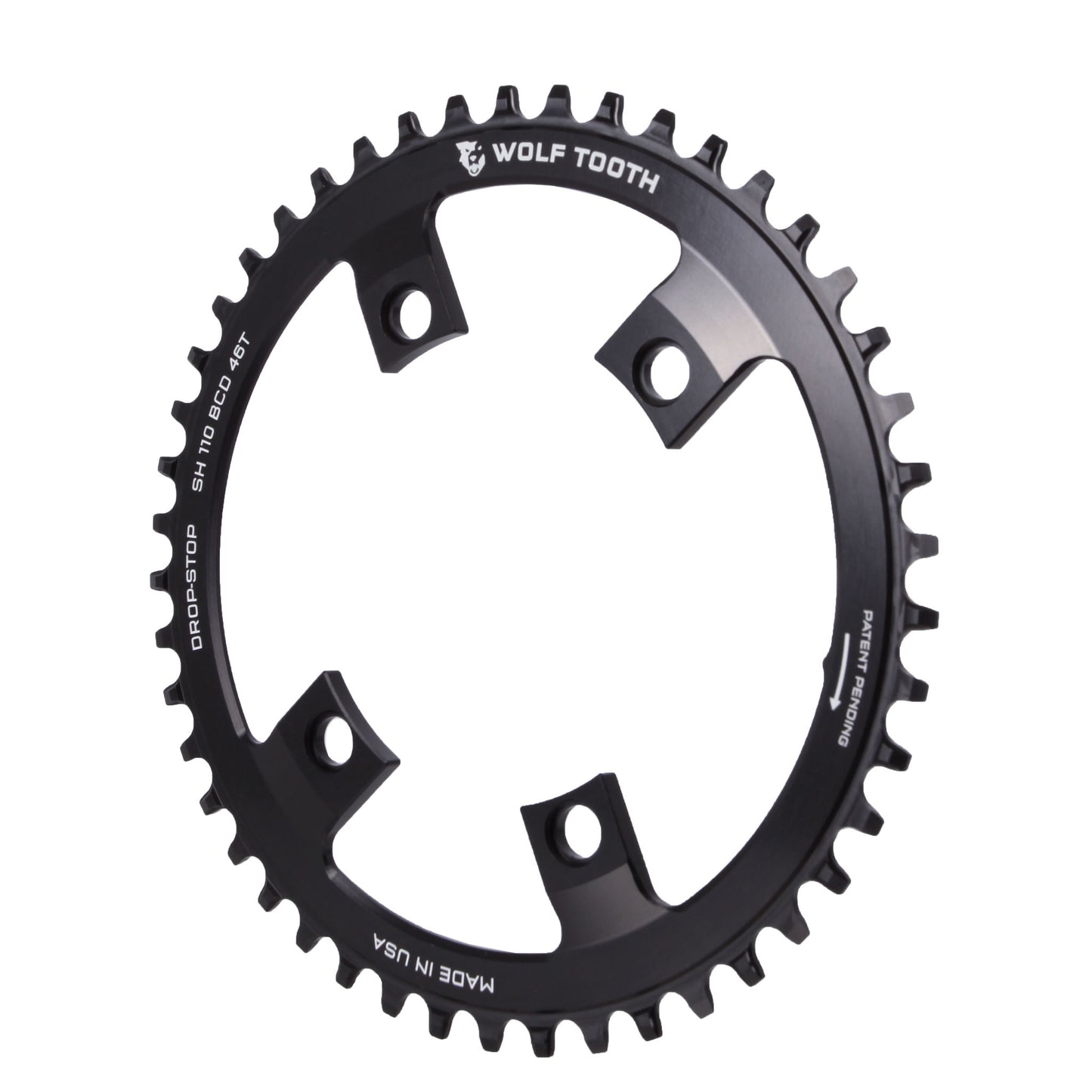 Wolf Tooth Shimano 110 Asymmetric BCD Chainring - 46t 110 Asymmetric BCD 4-Bolt Drop-Stop A For Shimano Cranks BLK