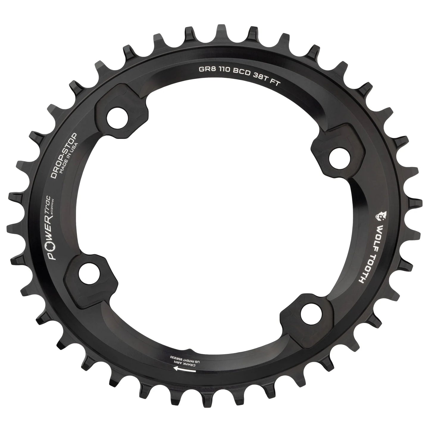 Wolf Tooth Elliptical Shimano 110 Asymmetric BCD Chainring - 38t 110 Asymmetric BCD 4-Bolt Drop-Stop B For Shimano GRX Cranks BLK