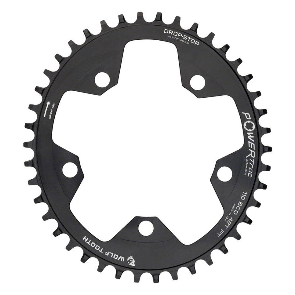 Wolf Tooth Elliptical 110 BCD Chainring - 42t 110 BCD 5-Bolt Drop-Stop B 10/11/12-Speed Eagle Flattop Compatible BLK